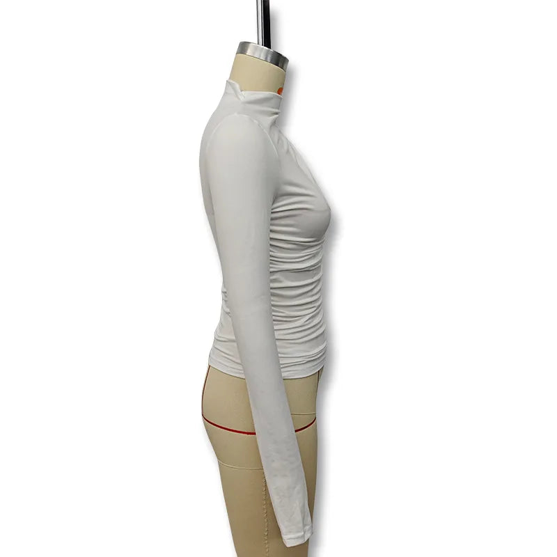 2025 Autumn Solid Color Folds Turtleneck Slim T Shirt Women Long Sleeves Bottoming Shirt Ladies Tee Shirt Tops Camisetas Mujer