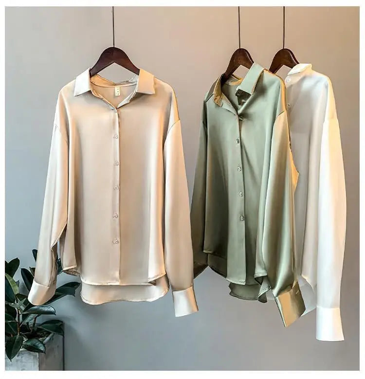 1pcs Woman Spring Autumn Satin Shirt Lady Long Sleeve Lapel Blouses Cardigans Elegance Sweet Casual Coats Girl Sunscreen Top.