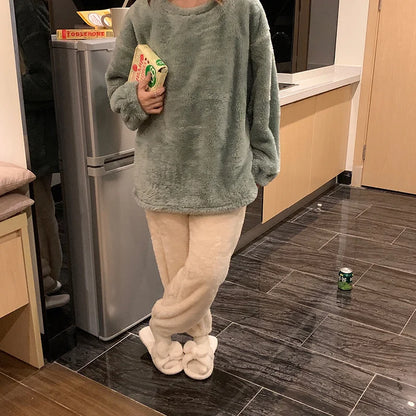 Winter Fleece Women Pajamas Set  Sleepwear Solid Velvet 2 Piece Pant Home Suit Fluffy Casual Warm Flannel Night Wear