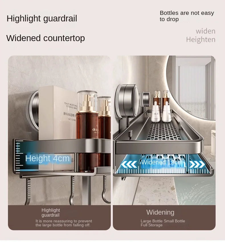 Bewegliches Badezimmerregal ohne Bohren – 30/40/50 cm Saugnapf-Organizer mit Haken/Stange, einfach zu installieren und zu reinigen, wasserdichtes Toilettenregal