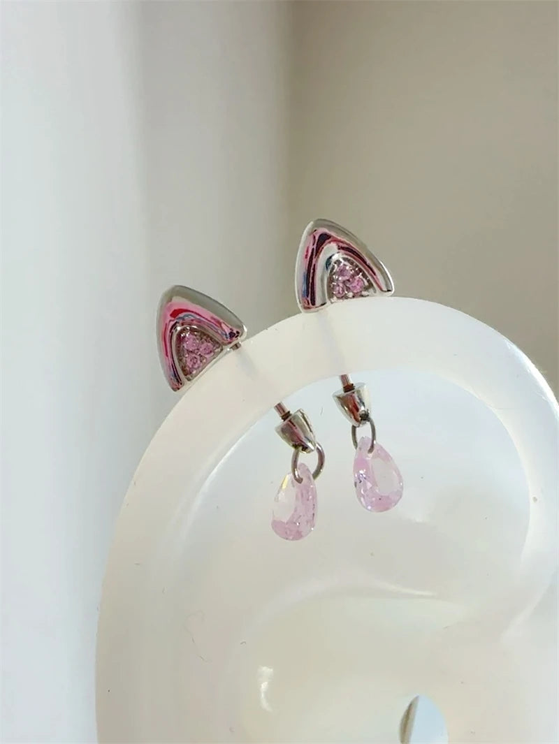 Silver Color Cat's Ear Droplet Shaped Zircon Stainless Steel Ear Bone Nail Earring for Women New Trendy Body Piercing Accessorie.