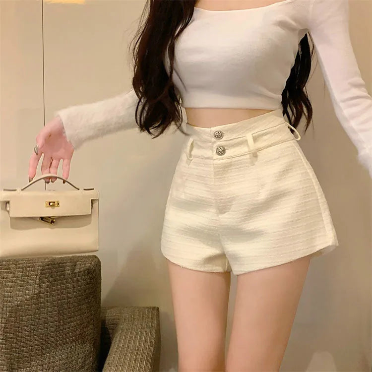 Winter Spring New Arrival Metal Buttons Tweed Shorts Women.