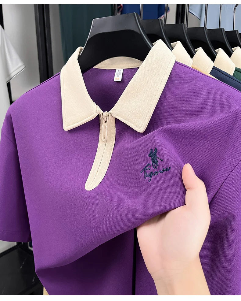 Luxury brand short sleeve polo shirt men's fashion Pony embroidered summer trendy breathable casual color blocked lapel T-shirt