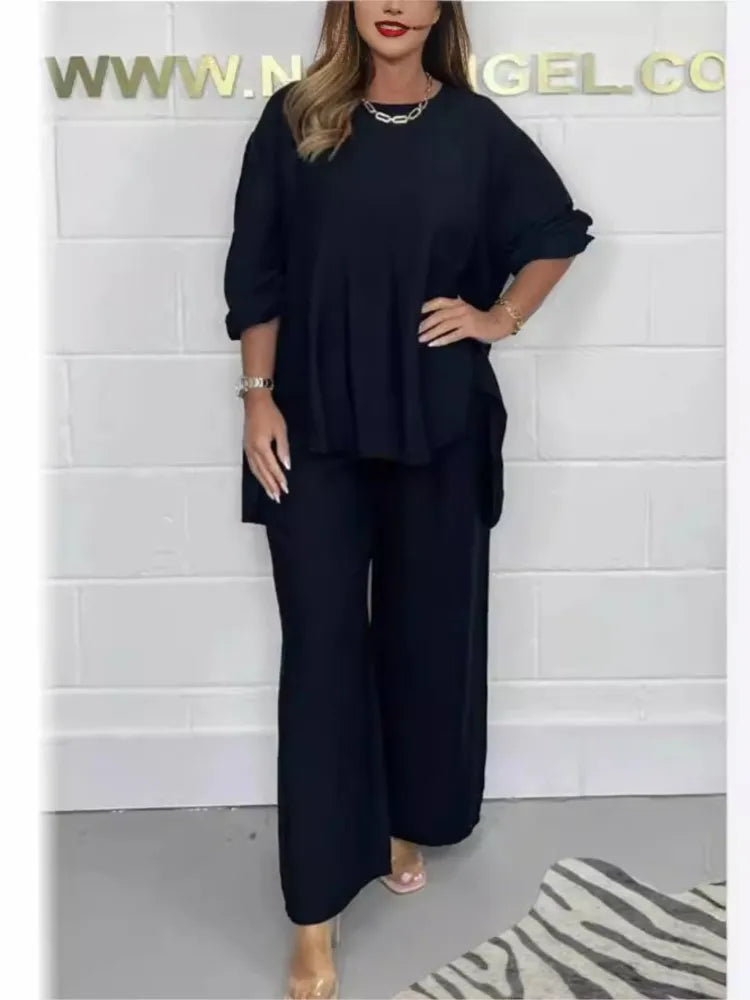 Women's Suit Casual Loose Solid Color Satin 2-piece Set Spring Fall New Blouse Top + Pants Sets Daily Wear Elegant Outfit Female.