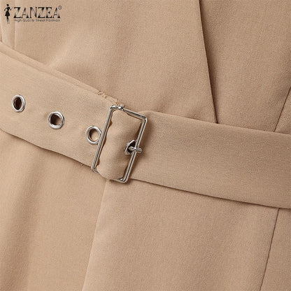 ZANZEA Street Fashion High Waist Jumpsuits Women Workwear Belt Rompers Solid Deep V Neck Elegant Office Lady Long Overalls