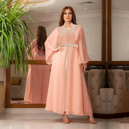 Uni Arabische Robe Mode Nahen Osten Muslimischen Kaftan Dubai Hot Fix Diamant Party Abendkleider für Frauen Kerb Stehkragen