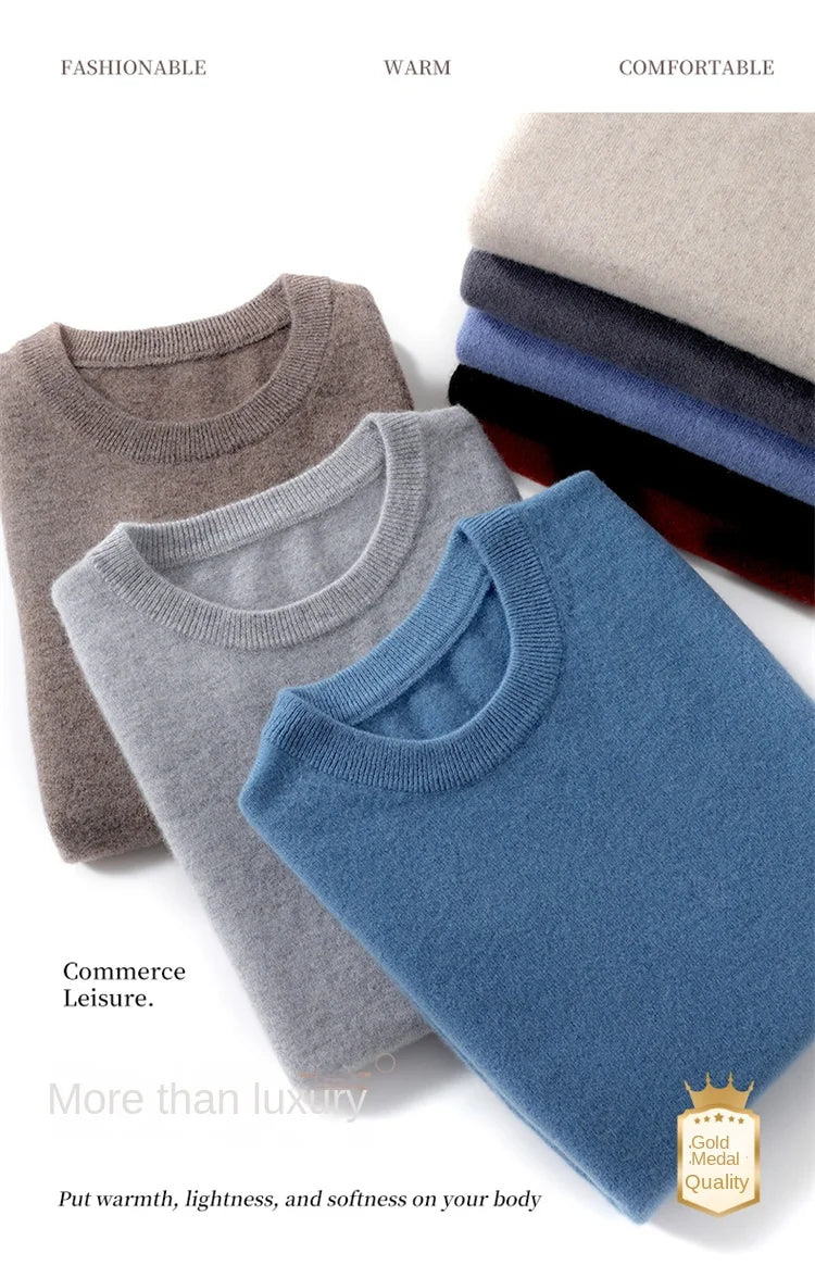 2025 100% Pure Merino Wool Men's Round Neck Pullover Solid Color Plus Size Casual Sweater Autumn And Winter Sports Cashmere Top.