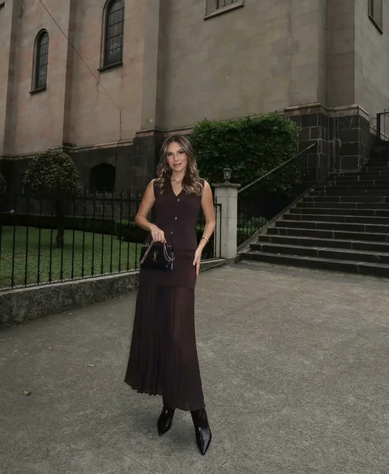 ETJ 2025 spring new  women's elegant fashion same color splicing small pleated hem high waist knit skirt.