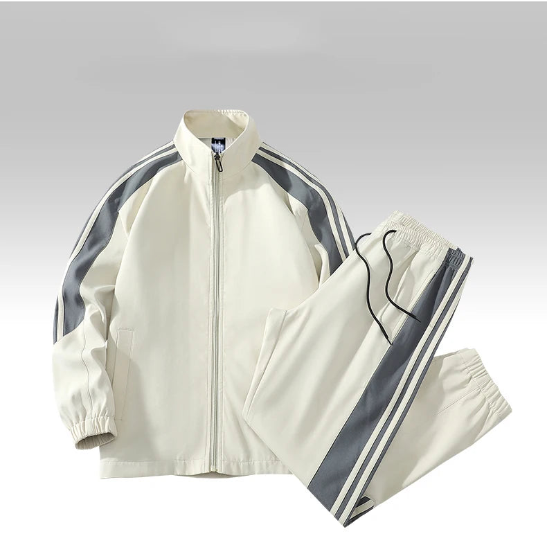 Sports suit men's  spring and autumn striped stand up collar jacket and pants paired with running and fitness two-piece set.