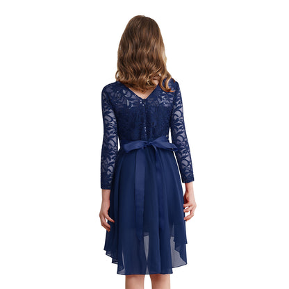 Elegantes Spitzen-Partykleid für Kinder, Mädchen, Chiffon, Spleißen, langärmelig, Kleid mit hohem und niedrigem Saum und Strass-Schärpe für Hochzeit, Geburtstag.