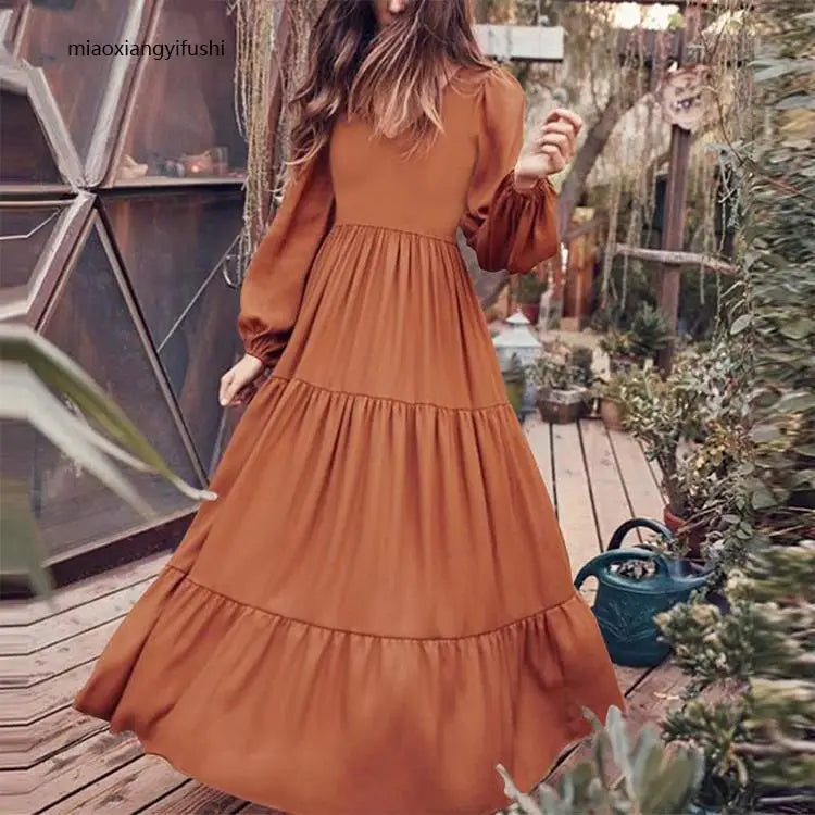 Women Summer dress 2025 new fashion casual solid color v neck long sleeve temperament big swing dresses women vestidos TXGL519.
