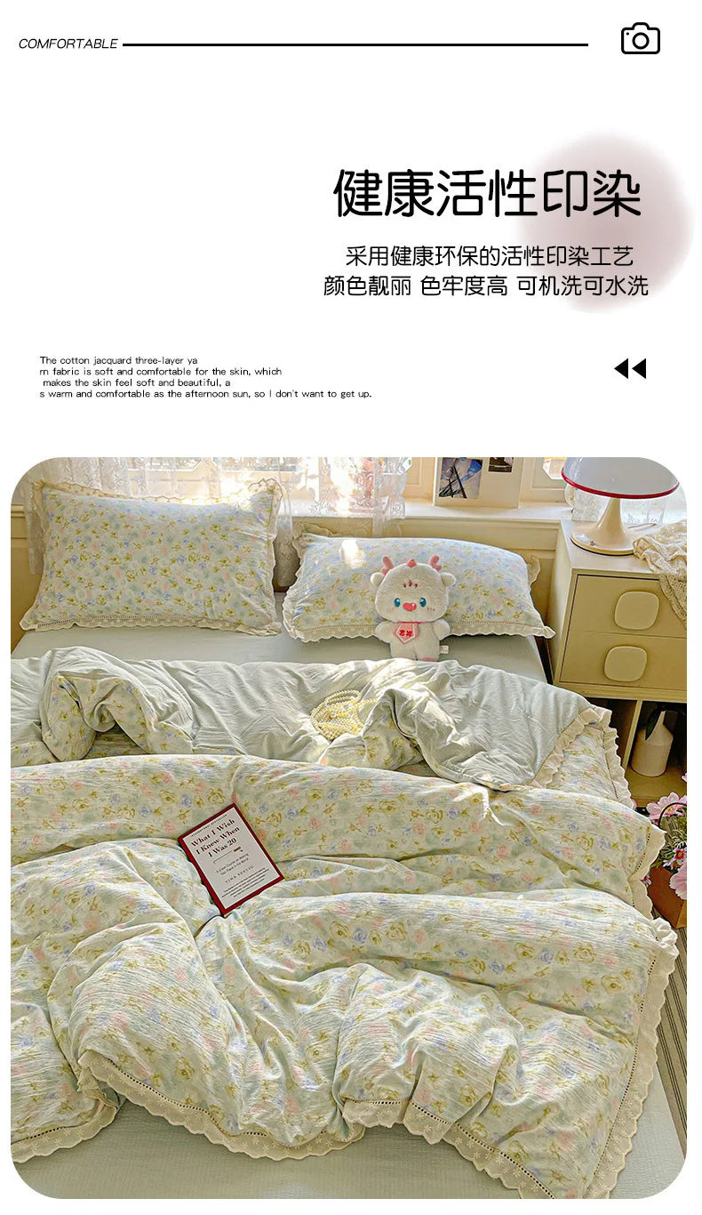 2025 new small fresh printing French lace lace double four-piece set bedding wrinkled yarn student three-piece set.