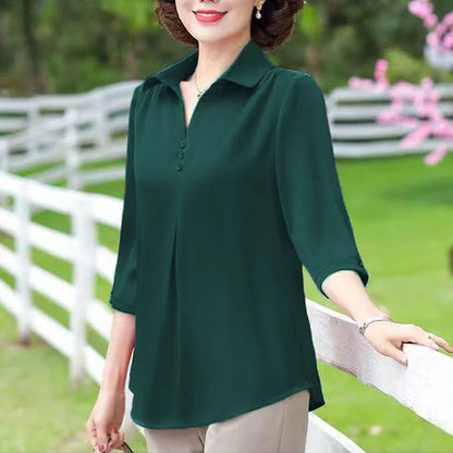 1pcs Woman Summer Solid Blouses Shirt Lady Thin Pullover Shirt Female Casual Half Sleeve Turn-down Collar Loose Top Mom Clothing.