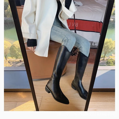Winter New Pointy Mid-heel Knee-high Boots Back Zipper Solid Color Heightening Car Stitch and Velvet Fashion Elegant High Boots.