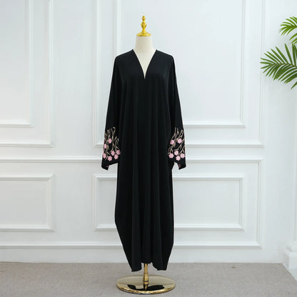 Islamic Clothes Black Flower Embroidery Abayas for Women Dubai Cardigan Muslim Saudi Open Abaya Kimono Luxury Hijab Dress Kaftan