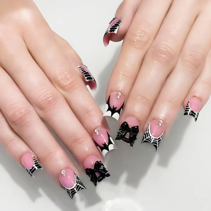 24pcs Glitter Pink Sequins Fake Nails 2025 Halloween Scary Skull Love Print False Nails Wearable European Ballet Press on Nails.