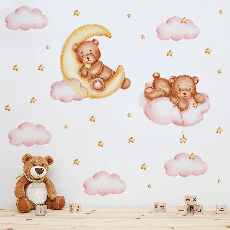 Cute Bear Moon Star Wall Stickers for Kids Rooms Girls Boys Baby Room Decoration Kawaii Cartoon Animal Nursery Wallpaper Vinyl.