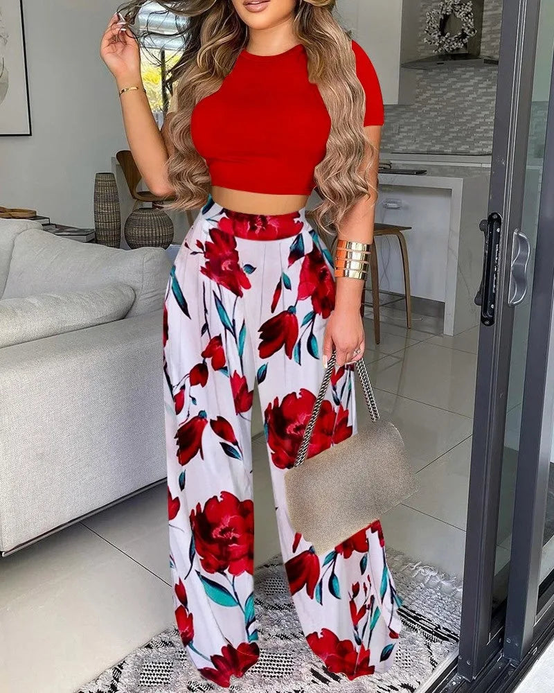 Women Print Pant Sets Two Piece Suit Round Neck Short Sleeve Tops Vests Wide Leg Trousers High Waist Pant Matching Sets Summer.