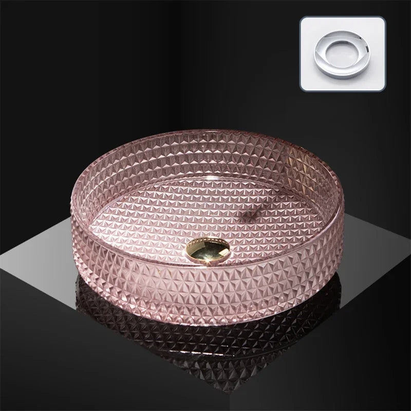 Luxuriöses Waschbecken aus Kristallglas, Badezimmer-Waschbecken, rosa Arbeitsplatte, Kunstbecken, rundes Mini-Schüsselbecken, Waschraum-Waschbecken mit Wasserhähnen