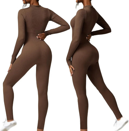 Seamless Long Sleeve Yoga Suit One-Piece Tightening Fitness Leisure Sports Jumpsuit with Zipper for Women
