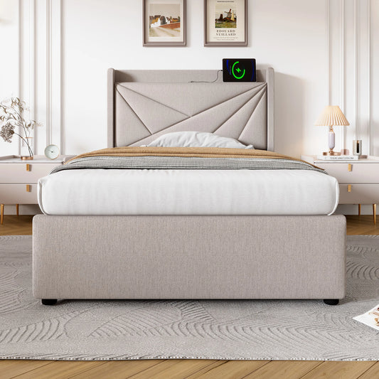 Polsterbett 90x200cm, Einzelbett mit USB Typ C Ladefunktion Kopfteil, Stauraumbett mit lattenrost, Leinen, Beige, Ohne Matratze