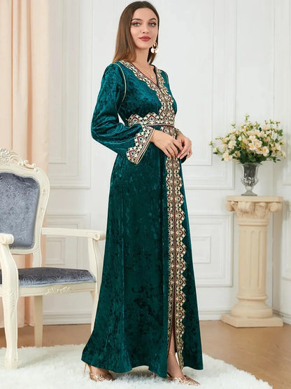 Dubai Velvet Muslim Dress Women Kimono Jubah Long Robe Abaya Hijab Dresses Islamic Clothing Turkey Arabic Dress Moroccan Kaftan.