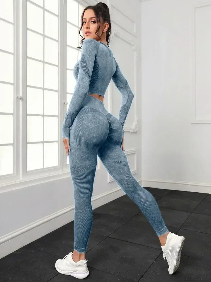 2 Piece Acid Wash Gym Set Women Seamless Long Sleeve Leggings Tracksuit Sports Fitness Suit Scrunch Workout Clothes Yoga Outfits.