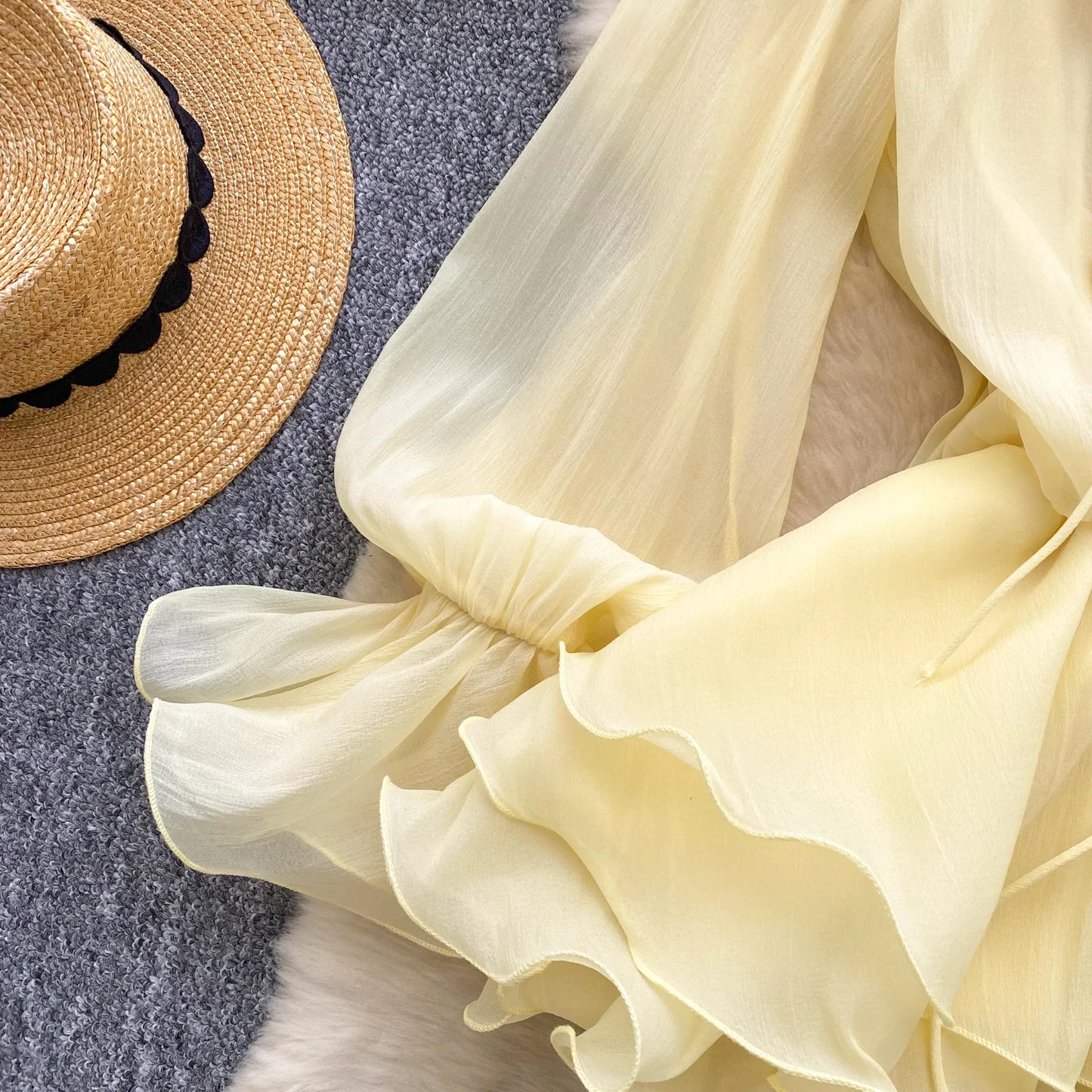 SINGREINY 3D Floral Strand Kurzes Kleid Weibliche Lange Ärmel Spitze Up Rüschen Chiffon Kuchen Sommerkleid Sheer Sexy Vintage Bohemian Kleid.