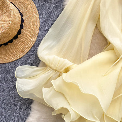 SINGREINY 3D Floral Strand Kurzes Kleid Weibliche Lange Ärmel Spitze Up Rüschen Chiffon Kuchen Sommerkleid Sheer Sexy Vintage Bohemian Kleid.