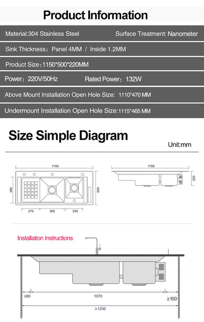 ASRAS Nanometer Smart Purifying Kitchen Sink Large Size Handmade Step Sink Smart Purifying Kitchen Island Sinks