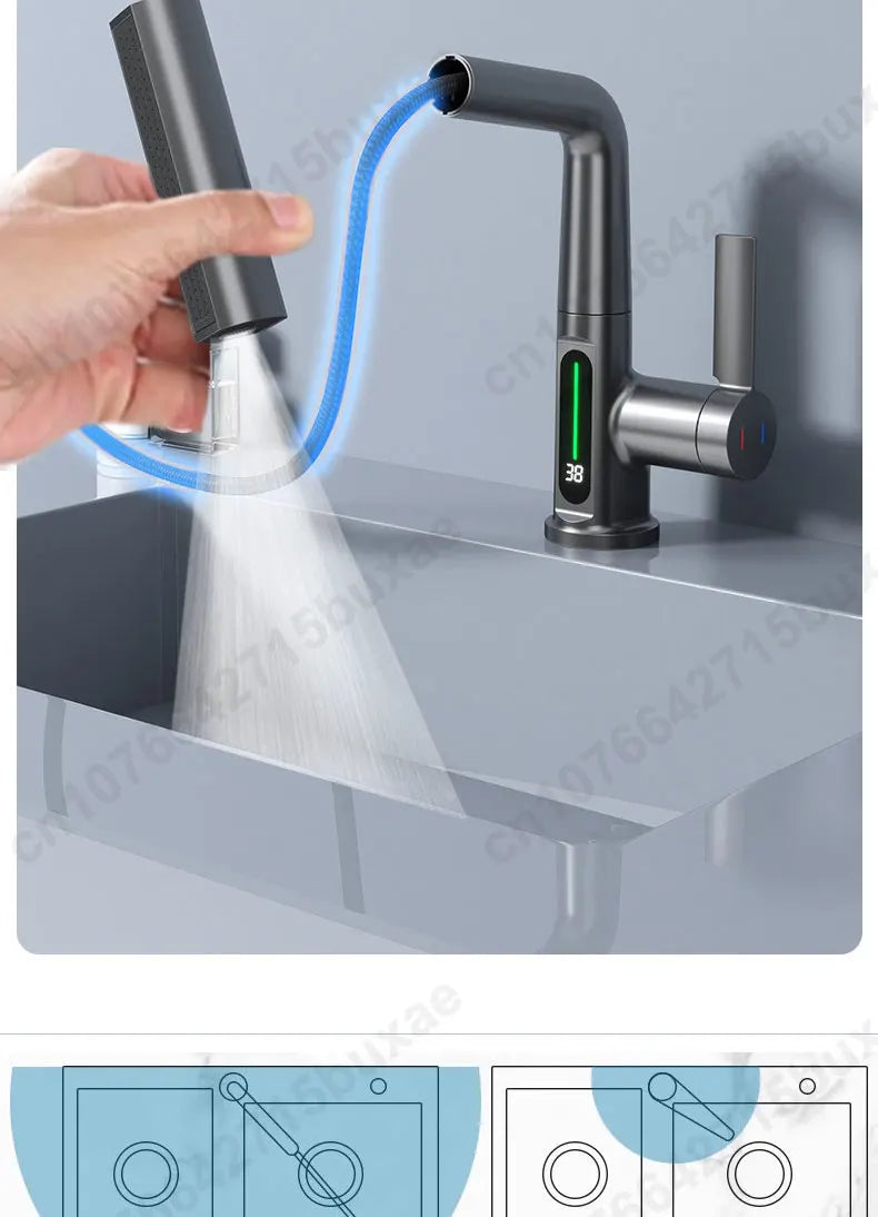 Waterfall Pull Out Kitchen Faucet White Intelligent Digital Display Cold Hot Mixer Taps Rotatable Sink Lifting Basin Faucet