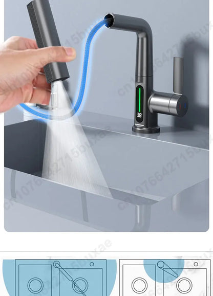 Waterfall Pull Out Kitchen Faucet White Intelligent Digital Display Cold Hot Mixer Taps Rotatable Sink Lifting Basin Faucet
