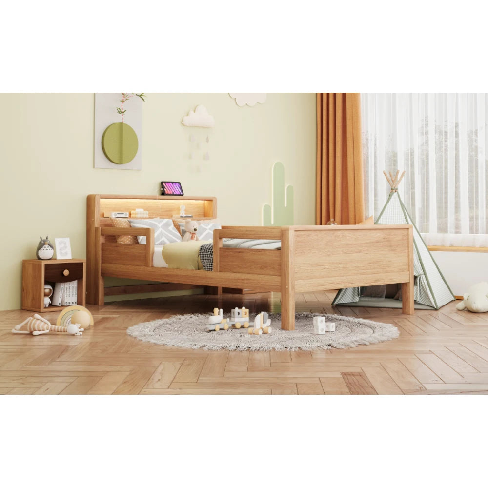 Multifunktions-Holzbett, USB- und Tape-C-Kombinationssteckdose, kleines LED-Licht, Kopfteil mit Einlagerfunktion, Einzelbett