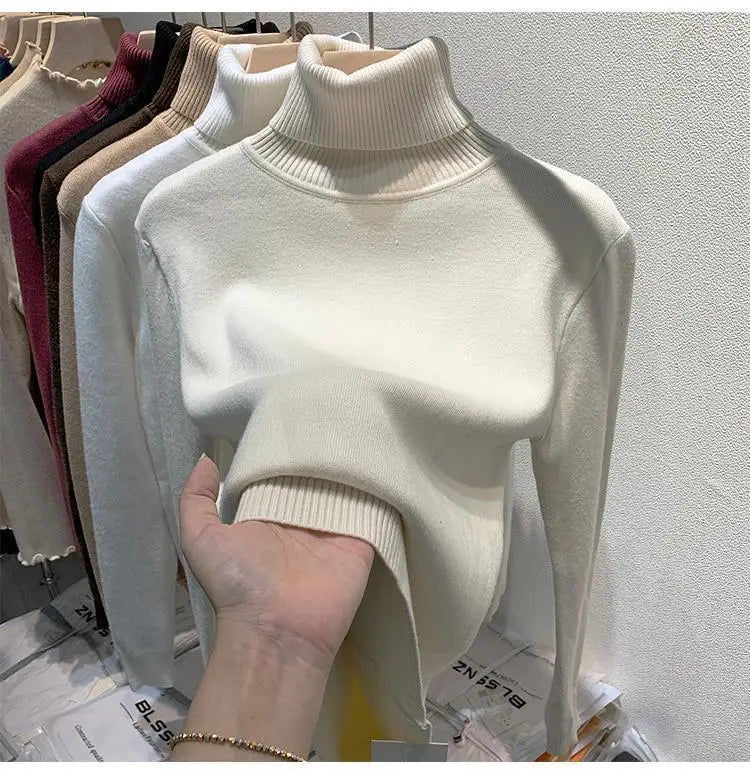 2025 neue Verdicken Hohe Kragen Pullover frauen Pullover Top Winter Warme und Weiche Einfarbig Inneren Tragen Bodenbildung Shirt