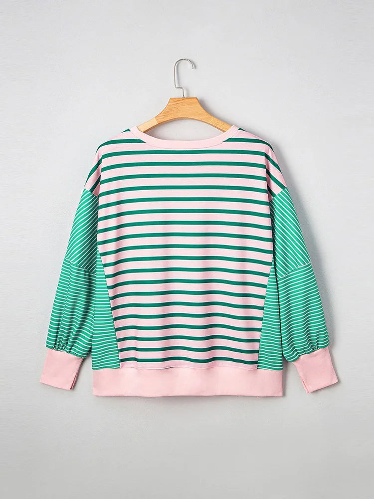 GIBSIE Plus Größe Gestreiften Oansatz Langarm Schlitz Sweatshirt Frauen 2025, Herbst Mode Lose Passenden Casual Pullover Jumper Top.