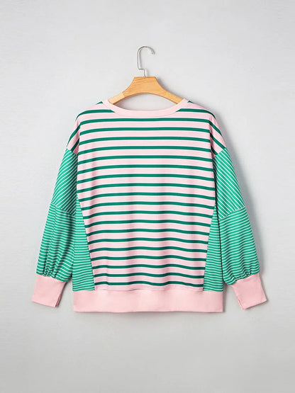 GIBSIE Plus Größe Gestreiften Oansatz Langarm Schlitz Sweatshirt Frauen 2025, Herbst Mode Lose Passenden Casual Pullover Jumper Top.