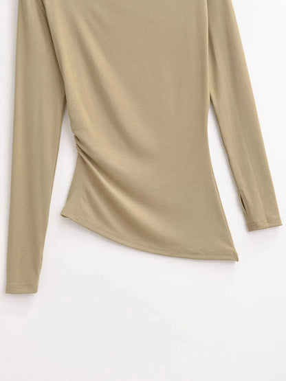 Long Sleeve One Shoulder T-Shirt Zhang Lu Si Spicy Girl Pleated Slimming Versatile Top Cotton Made in China Full Sleeve.