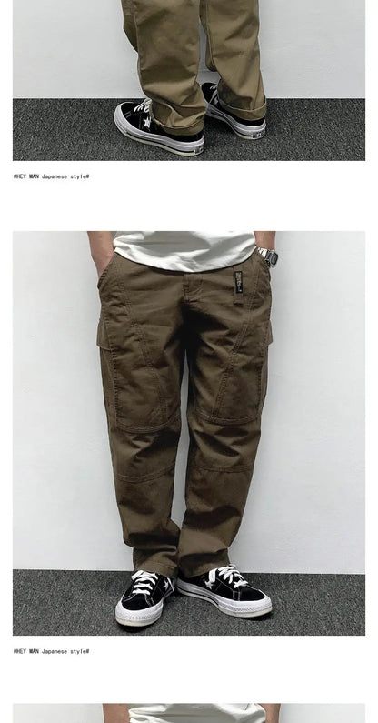 Autumn Men's Pants Multi-Pocket Cargo Pants Retro Solid Color Simple Loose Button Elastic Strap Casual Pants.