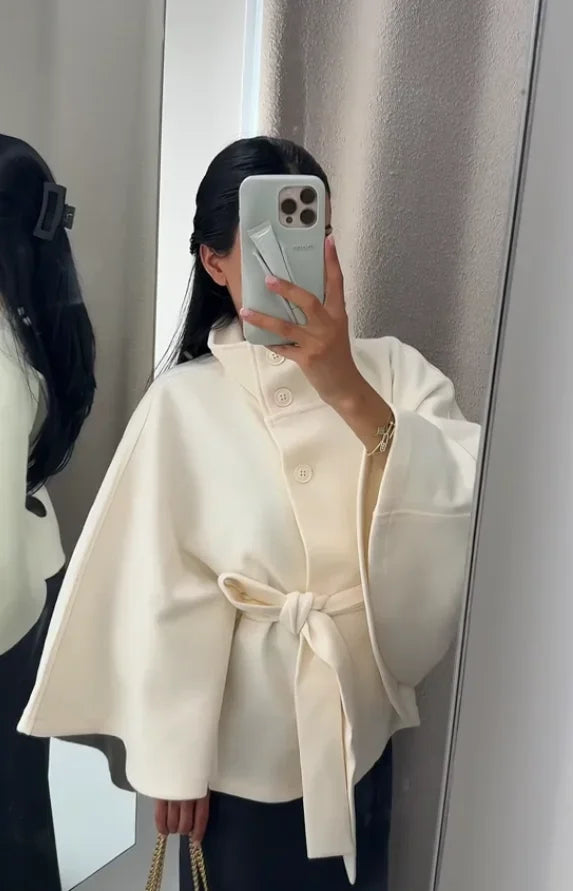 Damen-Jacke aus Wolle mit weißem Bund, elegant, langärmelig, Stehkragen, einreihig, Oberbekleidung, 2025, neuer Straßen-Outdoor-Mantel.