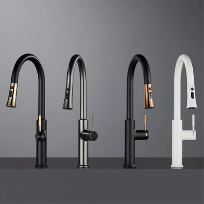 Luxury brushed gold kitchen faucet with pull-out design, 1-hole single handle cold and hot dual control dual function sink Tap
