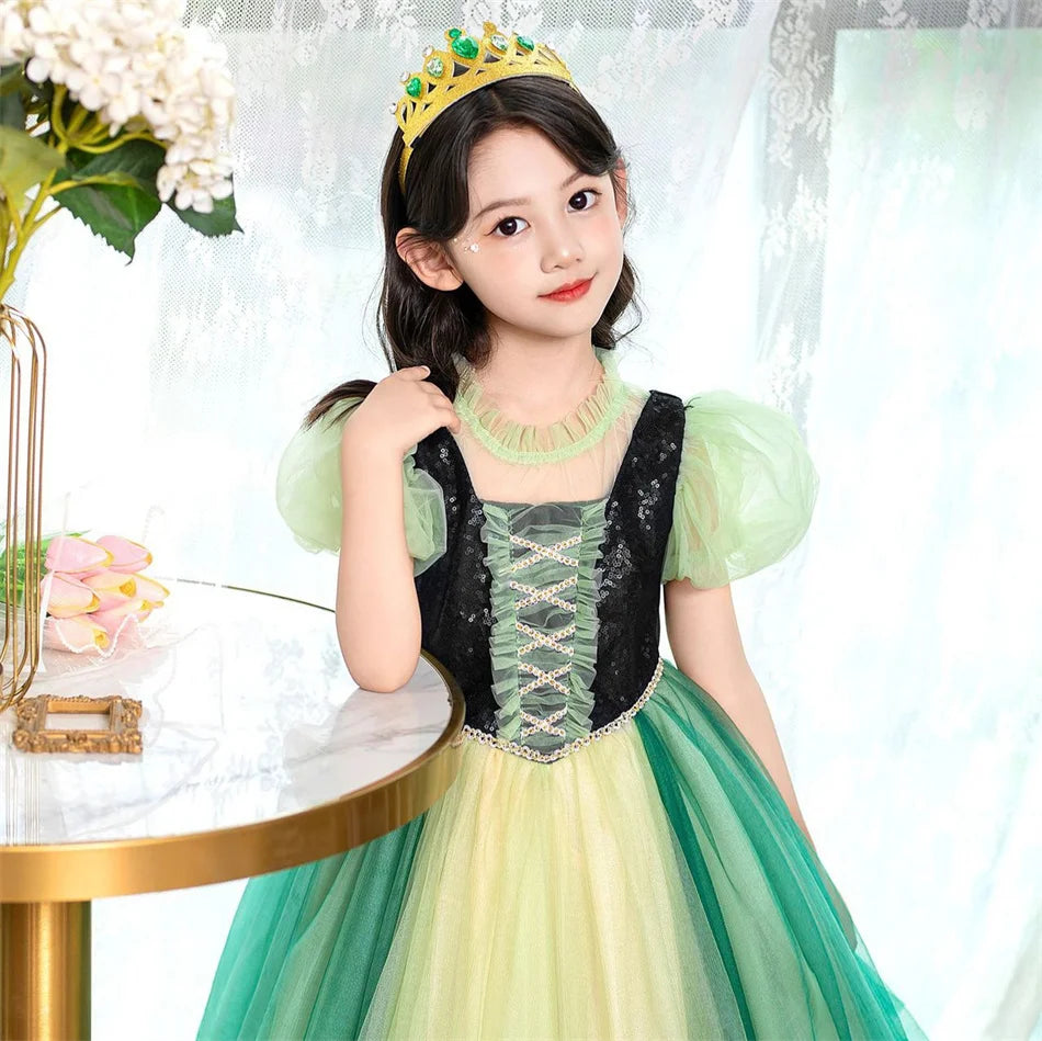 Anna Grünes Kleid Mädchen Spitze Tüll Elegantes Kleid Kinder Bühnenshow Prinzessin Kostüm Kinder Purim Cosplay Kleidung.