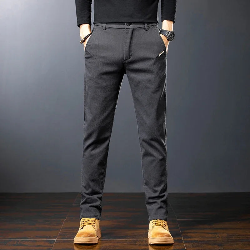 Men's Twill Slim Pants Business Straight Cotton Casual Trousers Brand Fashion Korean Elastic Coffee Black Gray Pant