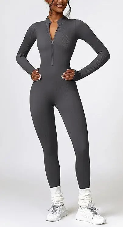 Seamless Long Sleeve Yoga Suit Waist-Fitted Shaping Trousers Casual Sports One-Piece Zippered Fitness Wear.