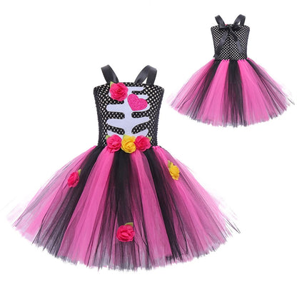 Halloween Kinder Kleid Cosplay Herz druck Skelett Kostüme Mädchen Blumen Schädel Tutu Kleidung Kinder Karneval Leistung Outfits.
