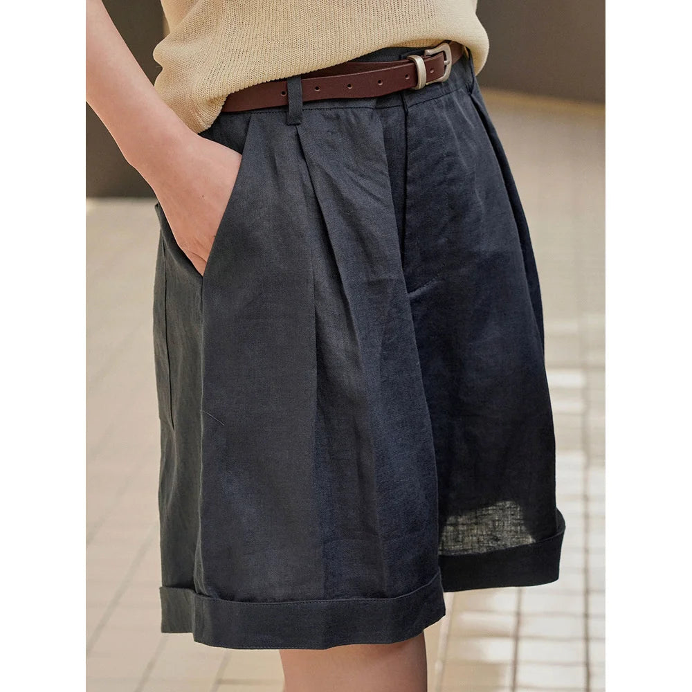 Summer Korea Style Lazy Linen Curled Bermuda Shorts Wide Leg Loose Slim Casual Hot Pants For Women.