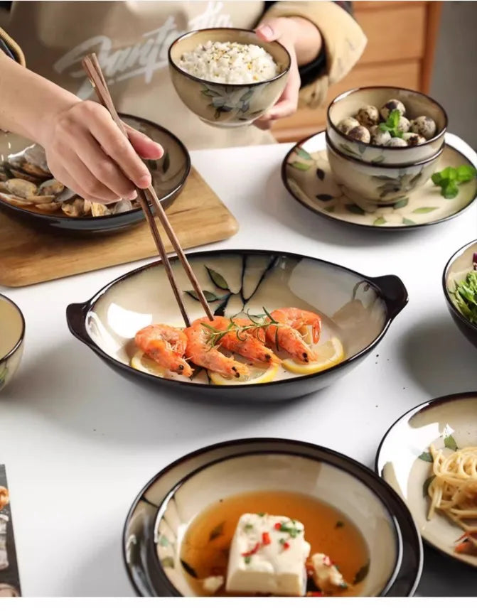 1Pc Vintage Bamboo Leaf Ceramic Bowl Salad Plate Exquisite Ceramic Cutlery Household Noodle Bowl Western Steak Cake Sushi Plate.