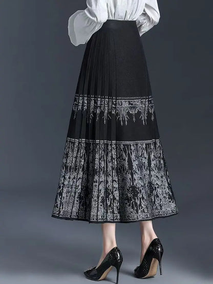 FairyShely Pleated Knitted Skirt For Women 2025 Autumn Winter Warm High Waist Long Skirts Ladies Plus Size Black A-line Skirt.