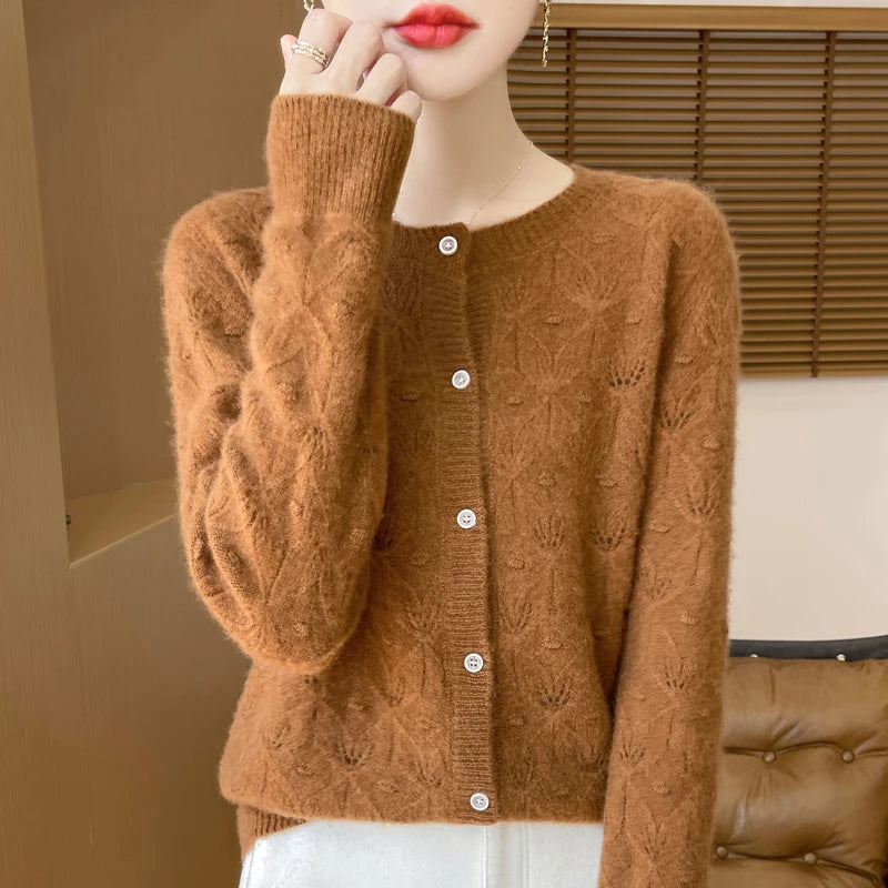 2024 Autumn And Winter New Round Neck Hollowed Out 100 Wool Knitted Cardigan Women's Versatile Coat Loose Casual Sweater DMR281