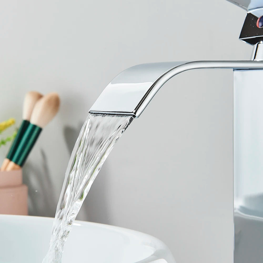 Chrome Bathroom Basin Faucet Waterfall Faucet Single Handle Wide Spout High Style Hot Cold Water Tap  for Bathroom