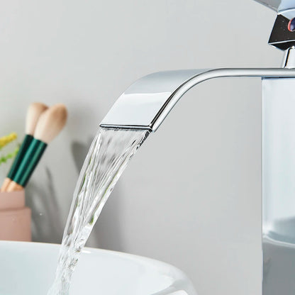 Chrome Bathroom Basin Faucet Waterfall Faucet Single Handle Wide Spout High Style Hot Cold Water Tap  for Bathroom